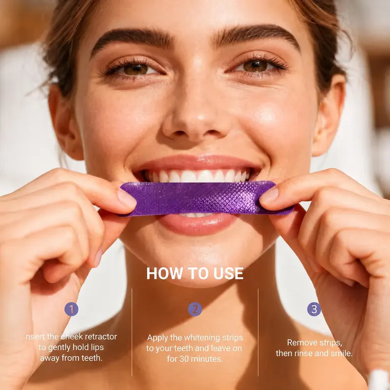 Purple Teeth Whitening Strips with Cheek Retractor – Peroxide-Free Whitening Kit